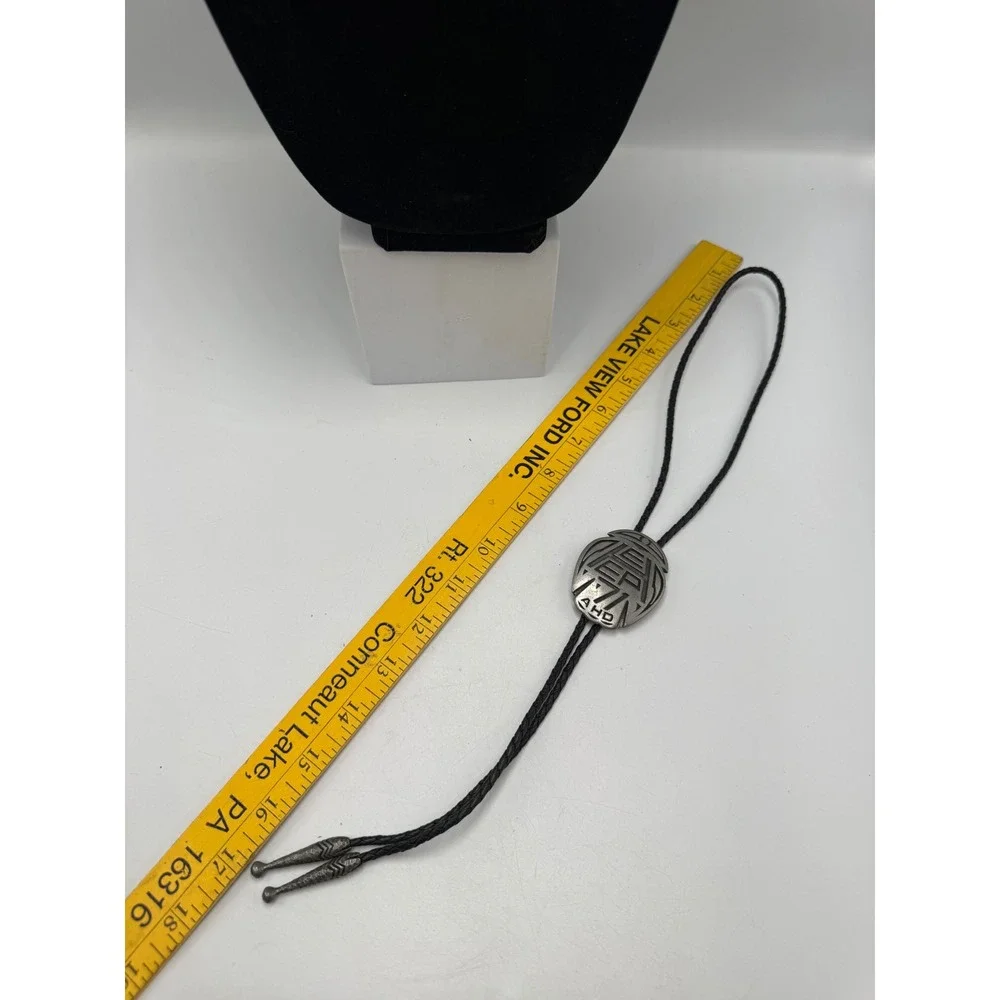 Vintage AHD Geometric Abstract Bolo Tie Black Braided Cord Pewter Tone Western